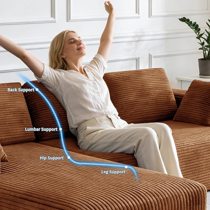106 Corduroy Sectional Couch Boneless L Shaped Couch with Deep Seat Cloud Foam Sofa with Oversized Chaise Sectional Sofa No Assembly Needed for Living Room
