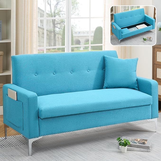 57 Green Loveseat Sofa with Storage Modern Love Seat Couches with Comfy Pillow &amp Side Pocket/Metal Legs Cozy Small Sofas for Small Spaces Living Room Bedroom Office Dorm (Blue) (Blue)