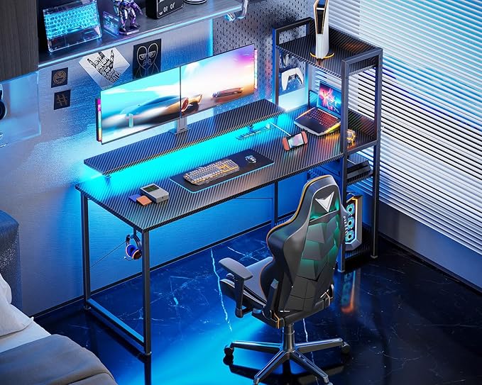 ODK Reversible 55 Inch Gaming Desk with USB Charging Port and LED Lights Computer Desk with Storage Shelves and Monitor Stand Study Table for Home Office Morden Desk for Bedroom Carbon Fiber Black