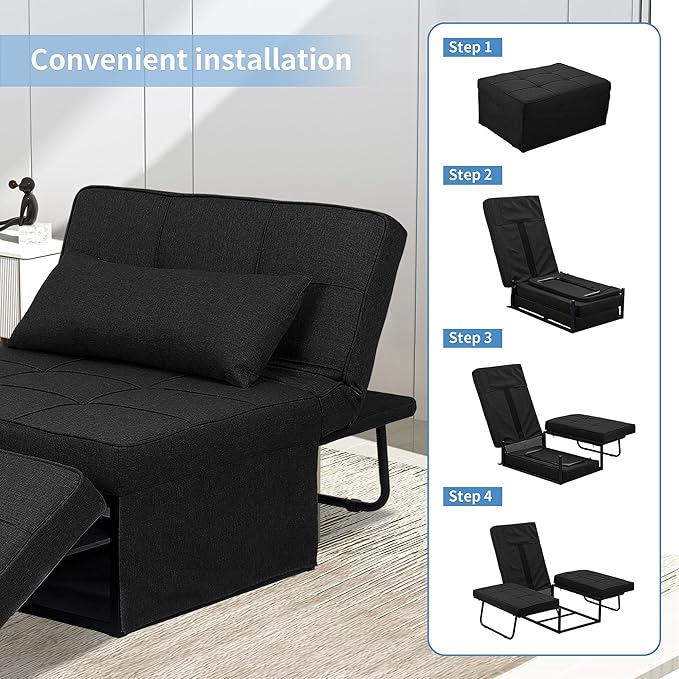 Ainfox Convertible Sofa Bed 4 in 1 Multi-Function Folding Ottoman Bed with Adjustable Backrest Modern Futon Couch No Assembly for Living Room Apartment Office Small Space (Black)