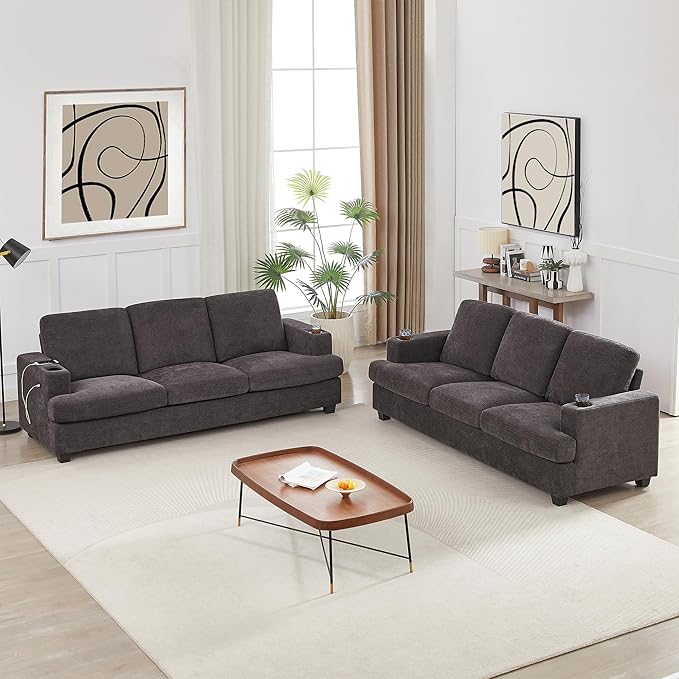 HOSTACK 89 Sofa Comfy Sofa Couch with Extra Deep Seats Modern 3 Seater Sofa with USB Charging Ports &amp 2 Cup Holders Chenille Upholstered Sofa for Apartment Living Room Office Dark Grey