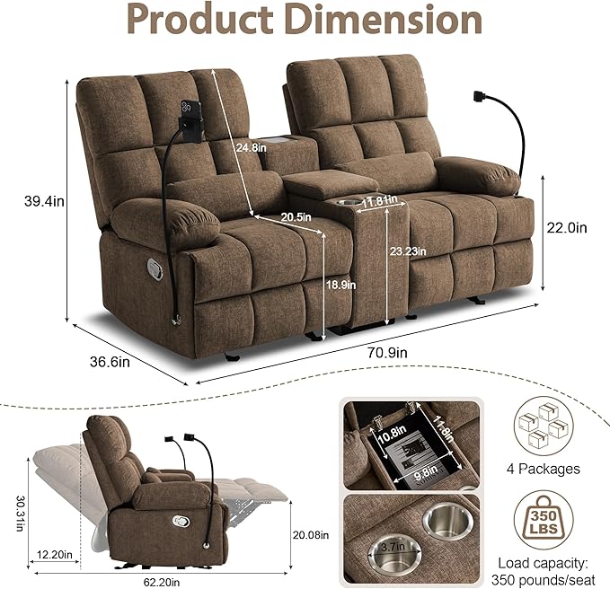 Recliner Loveseat Sofa with Rocker FunctionCat-Proof Rocking Reclining Loveseat with Phone Holder/USB/Type C RV Double Rocker Reclining Couch for Home TheaterLiving Room (Brown) | Rocker Function