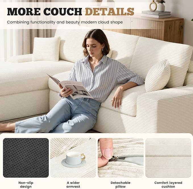 112 Modular Sectional Sofa for Living Room Convertible L-Shape Couch with OttomanCloud Boneless Couch with Layered CushionBeige Corduroy