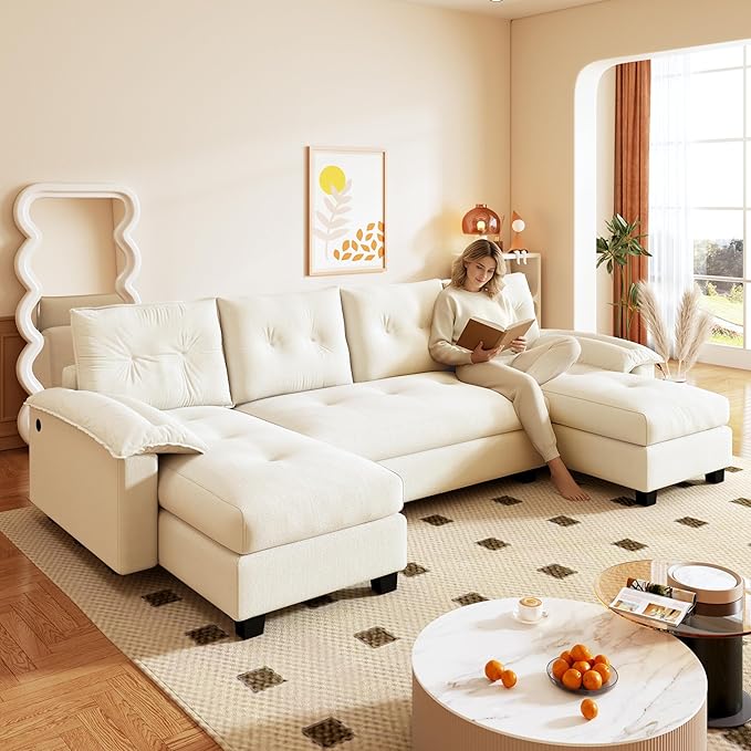 104.7 Modular Sectional Couch Convertible U Shaped Couch with Pull Out Bed Comfy Sleeper Sofa with Removable Armrests &amp USB Ports Modern Sectional Couches for Living Room Beige
