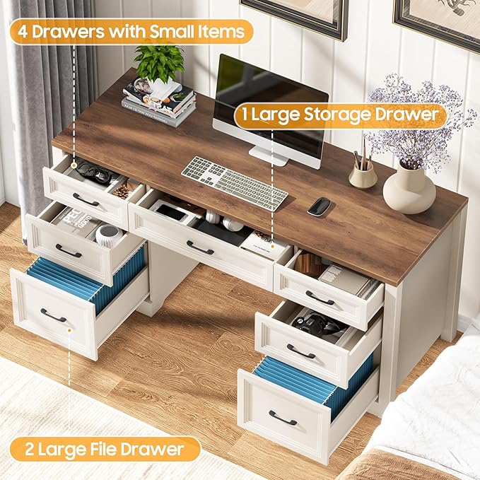 Vabches Farmhouse Executive Desk with File Drawer Home Office Desk with Ample Storage Rustic Office Desk with Spacious Tabletop for Work Brown