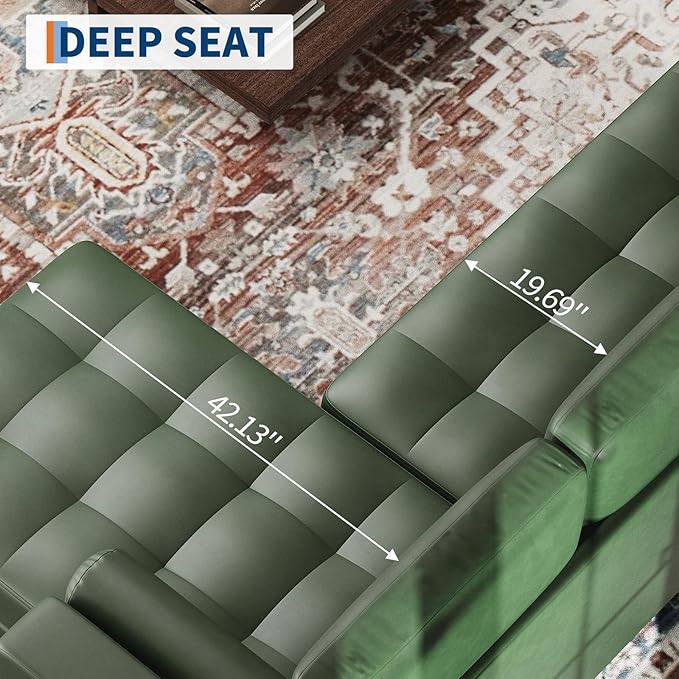 GarveeHome 88.9 L-Shape Sofa&ampCouch with Convertible Chaise Sectional Sofa with Deep Seat Modern Mid-Century Sofa for Living Room 3 Seat Comfy Leather Couch Green
