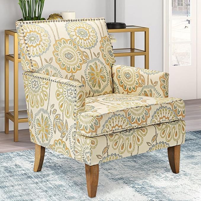 Modern Floral Wingback Accent Chair - Upholstered Fabric Club Chair for Living Room Bedroom &amp Reception Room Mid-Century Comfort Sofa Chair with Elegant Home Decor (Floral 1)