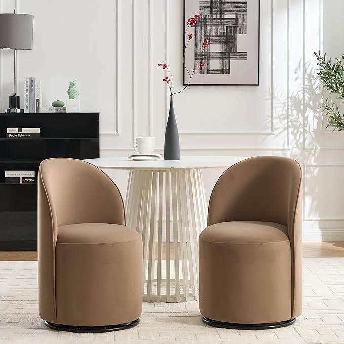 KEIKI Upholstered Swivel Barrel Chair Mid-Century Modern Velvet Accent Armchair for Living Room Bedroom or Vanity 360° Rotating Sofa Chair Brown