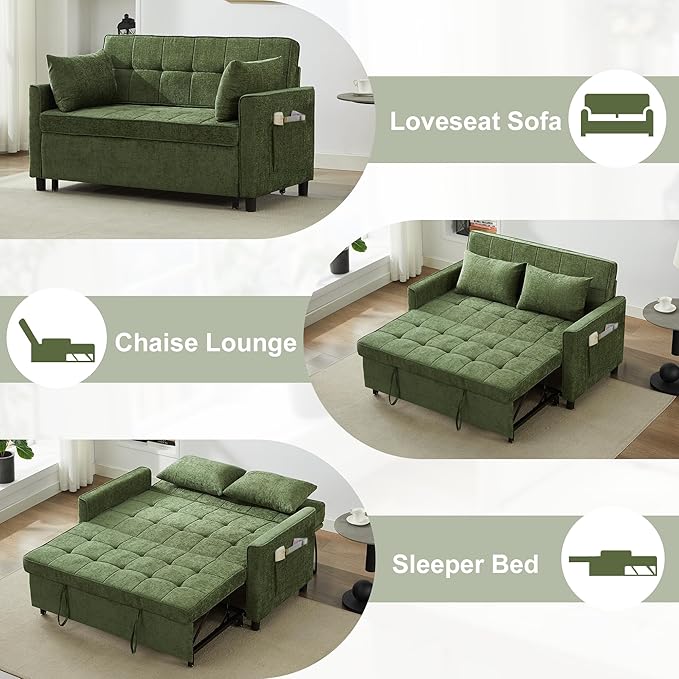 Tbfit 57 Convertible Sofa Bed Chenille Futon Sleeper Sofa Couch with Pullout Bed USB &amp Adjustable Backrest Queen Size Pull Out Loveseat Couches for Living Room Apartment Office Dorm Green