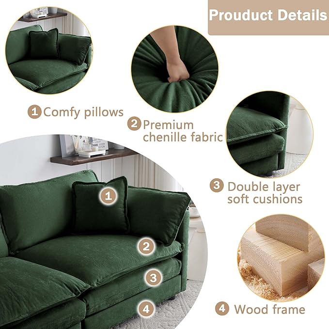 Sectional Sofa 4 Seater with Movable 2 OttomansOversized Modular Couch Deep Seat (Green 146.5 inch-U)