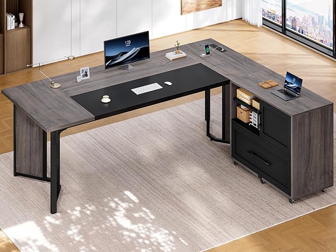 63 Executive Desk with Mobile File Cabinet Large Office Desk with Drawer Modern L Shaped Desk with Power Outlets Storage Shelves Corner Computer Desk Business Workstation Set (Grey)