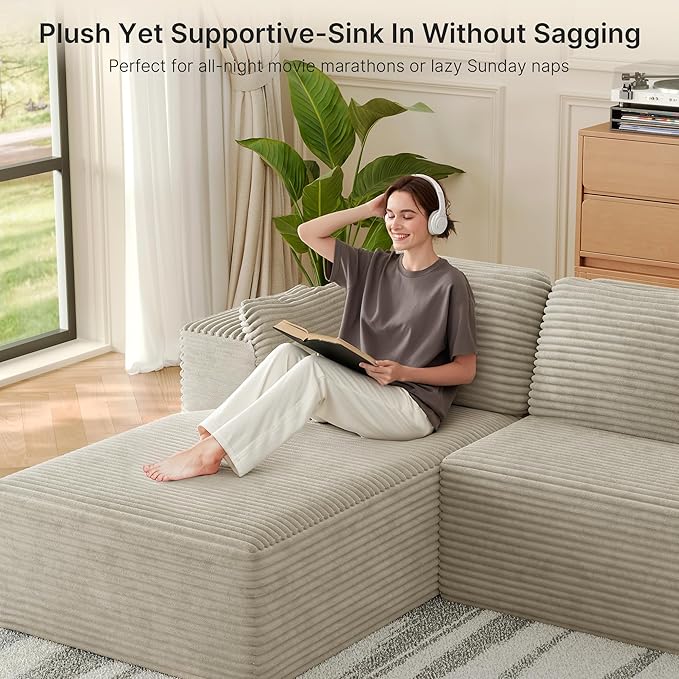 Gizoon 105 Cloud Sectional Couch with L-Shape Chaise Modular Boneless Sofa for Living Room Upholstered Corduroy Couch with Deep Seat No Assembly Required (Beige Left Facing Chaise)