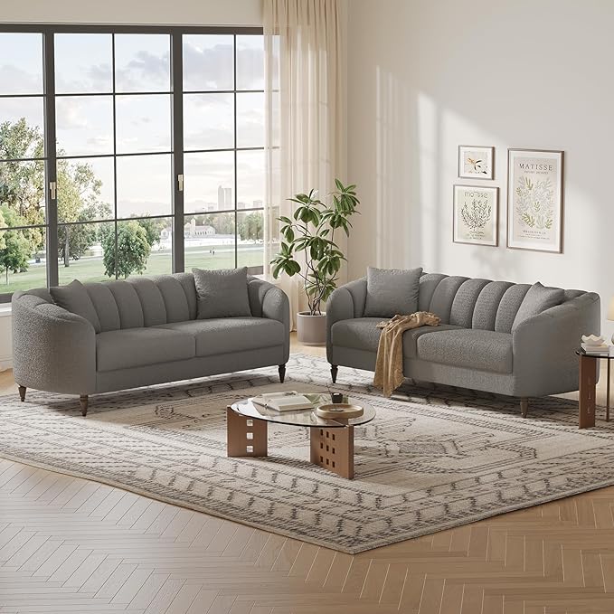 82 Inch Loveseat Sofa Modern Couch and Sofa Curved Petal Design Furniture Sturdy and Easy Installation Small Sofa for Living Room Bedroom Office and Apartment Terry Fleece Fabric Grey
