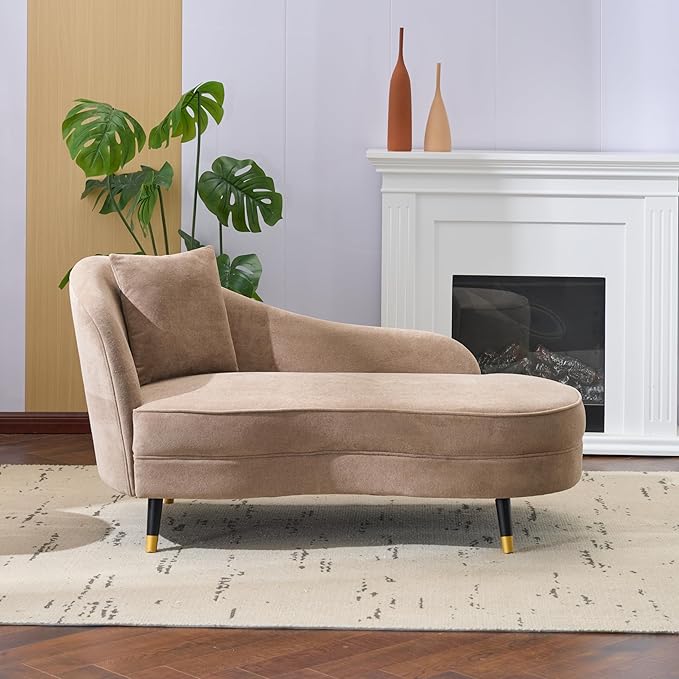 Christopher Knight Home Harlow Velvet Upholstered Chaise Lounge Chair Indoor Wooden Chaise Lounge Sofa with Accent Pillow Living Room Lounge Chair with Left Armrest Camel