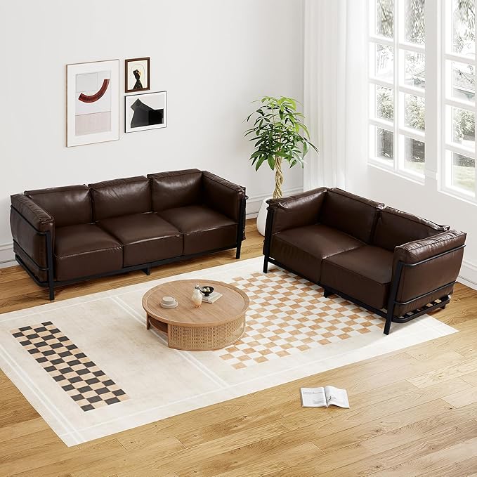 Minimalist Style 3 Seater Sofa Mid-Century Modern Faux Leather Sofa Couch with Fixed-Shape Iron Frame Upholstered Couch Chair for Living Room Office Apartment (Brown Loveseat Sofa)