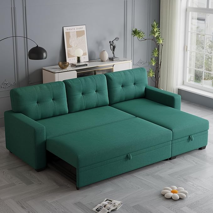 Linen Upholstered Pull Out Sectional Sofa with Storage ChaiseCouch W/ Removable Back CushionsCan Be Converted Into a Twin Size Sleeperfor Living RoomApartmentOfficeGreen