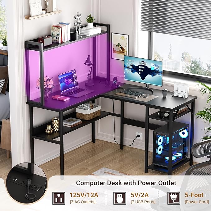 Unikito L Shaped Gaming Desk with LED Strip and Power Outlets Reversible L-Shaped Computer Desk with Storage Shelves Corner Desk with Hutch 2 Person Home Office Desk Black