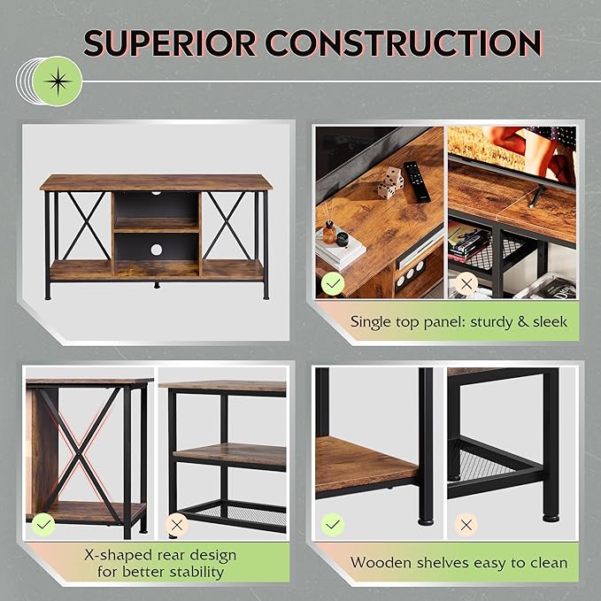 WLIVE Industrial TV Stand for up to 45 inch TV Heavy-Duty Metal Frame Entertainment Center Compact Media Console with Adjustable Shelf &amp Cable Management for Small Spaces Living Room Rustic Br