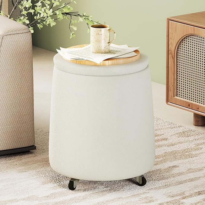 Storage Ottoman with Wheels 15“W Swivel Rolling Foot Stool Boucle Terry Fabric Coffee Table Ottoman with Hidden Storage Round Vanity Stools for Makeup Room Living Room Bedroom Entryway Dorm Beige