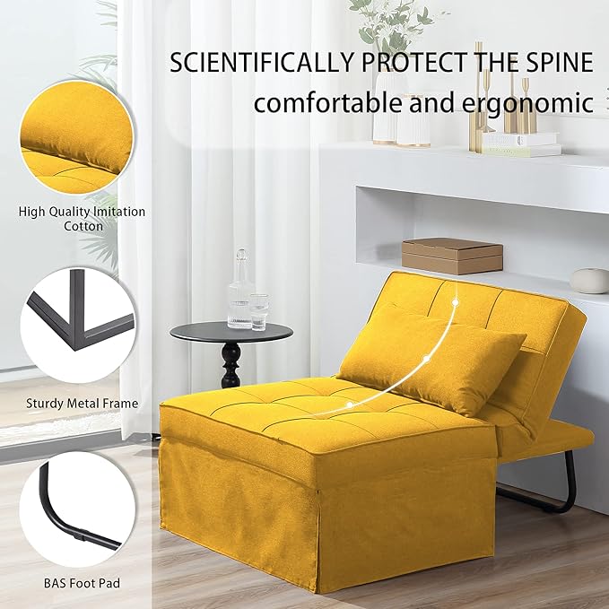 BIGSYY Sofa Bed Set of 4 in 1 Multi-Function Folding Ottoman Breathable Linen Couch Bed with Adjustable Backrest Modern Convertible Chair for Living Room Apartment Office Yellow