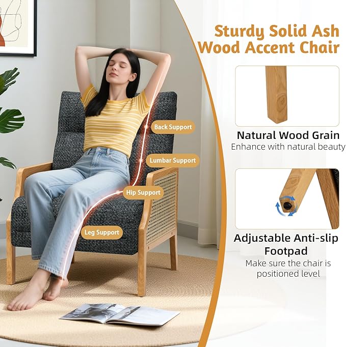 Accent Chair Set of 2 with Rattan Armrest Armchair with Breathable Linen Fabric Upholstered Arm Chair for Living Room Bedroom Dark Gray