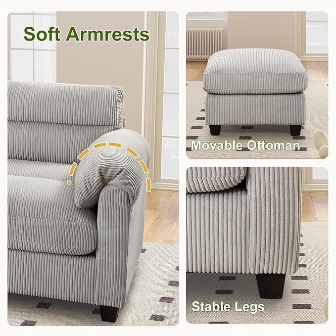 115” Modular Sectional L Shaped Corner Sofa Corduroy 6-Seater Couches with Thick Cushion for Living Room Grey