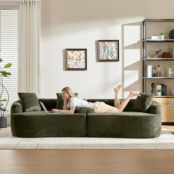 Curved Sectional Couch 110 Chenille Cloud Sofa with 4 Pillows 4-Seater Sleeper Sofa for Living Room Apartment Full Compression Sponge (Olive Green 110 Inch)