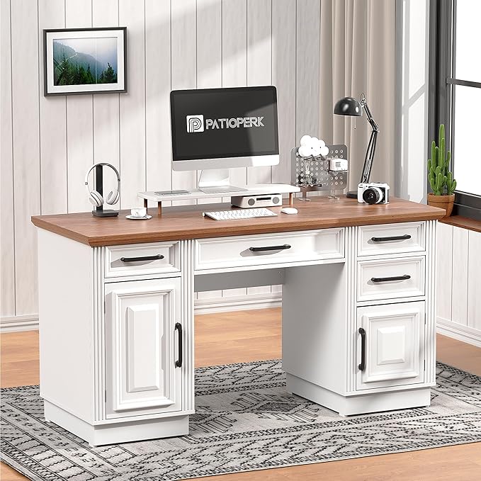 58 Farmhouse Executive Desk Wood Home Office Desk with Drawers Computer Desk with Drawers and Storage Cabinet Workstation for Office Home White