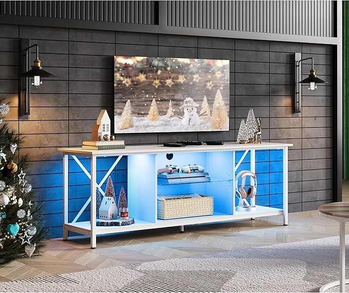 WLIVE Industrial TV Stand with LED Lights for Up to 65 TVs Waterproof &amp Scratch-Resistant Adjustable Shelves Modern Entertainment Center for Living Room White