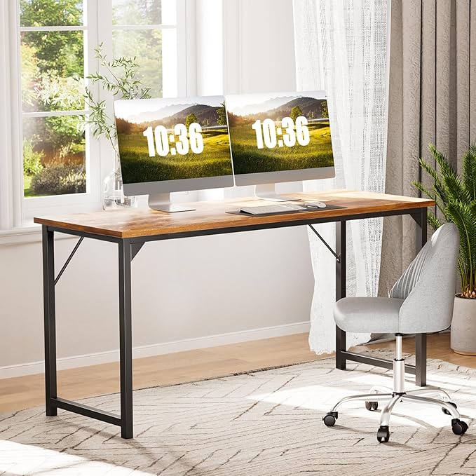 Sweetcrispy Small Computer Desk63 Inch Office Writing Work Desk with Metal Frame Wooden Tabletop Student Study Home Bedroom Table with X-Shaped Reinforcement Brown
