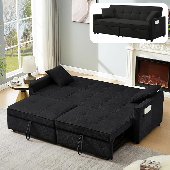 King Size Pull Out Sofa Bed 4-in-1 Convertible Sofa Bed Couch Chenille 3 Seaters Sofa Sleeper with Dual Pull Out Bed &amp Adjustable Backrest for Living Room Black
