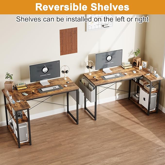 Grandder L Shaped Computer Desk with Reversible Shelves 40 Inch Small Corner Desk with Storage Bag Gaming Desk Computer Table Study Writing Desk for Home Office Small Space Rustic Brown