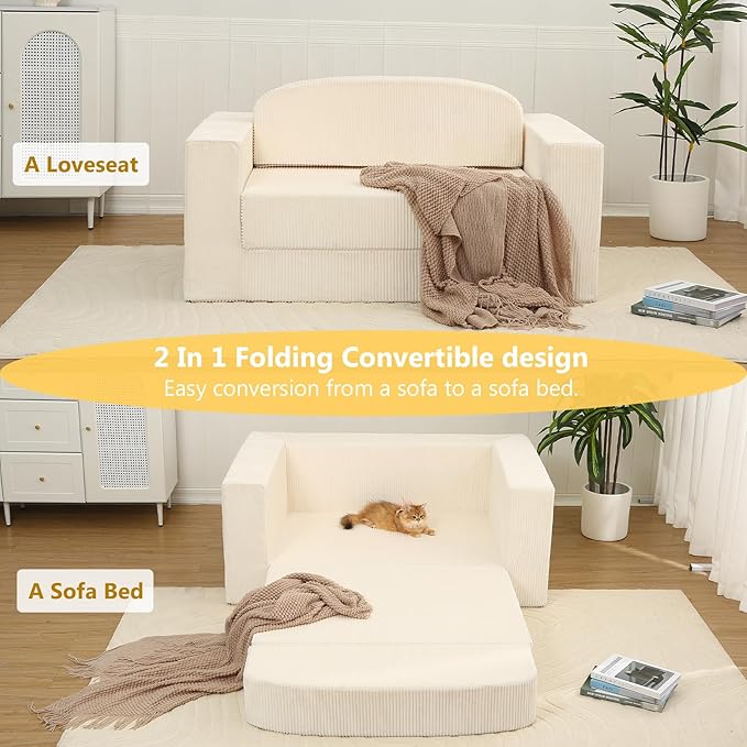 MeMoreCool Convertible Sofa Bed – Small Beige Corduroy Loveseat Sleeper Boneless Fold-Out Cloud Couch with Foam Trifold Floor Futon with Washable Cover for Bedroom Apartment Guest Room
