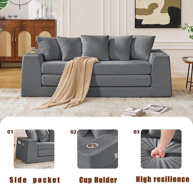 82'' Convertible Sofa Bed 2-in-1 Boneless Sleeper Sofa with Cup Holder &amp Pocket Corduroy Loveseat Sleeper Couch with 5 Pillows Pull Out Couch for Living Room Bedroom (Dark Grey)