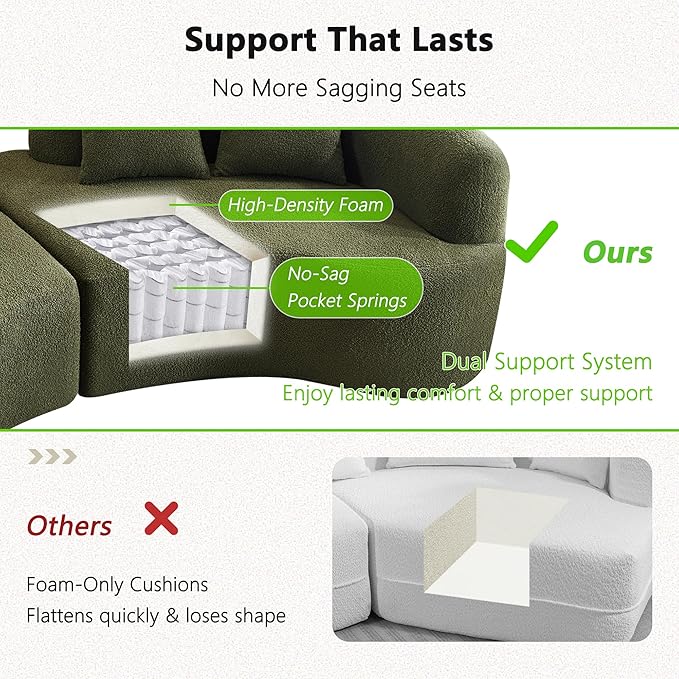 106.7 Modern Curved Oversized Sectional Sofa Minimalist Modular Cloud Couch with 4 Throw Pillows Luxury 4-Seater Extra Deep &amp Wide Seat Sofa in Soft Teddy Fabric Olive Green