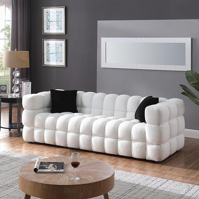 Comfy Marshmallow Loveseat Sofa3 Seater Boucle Cloud Couch with 2 Pillows Upholstered Love Seat with Throw Pillows Modern Living Sofa or Office Waiting Room (White)
