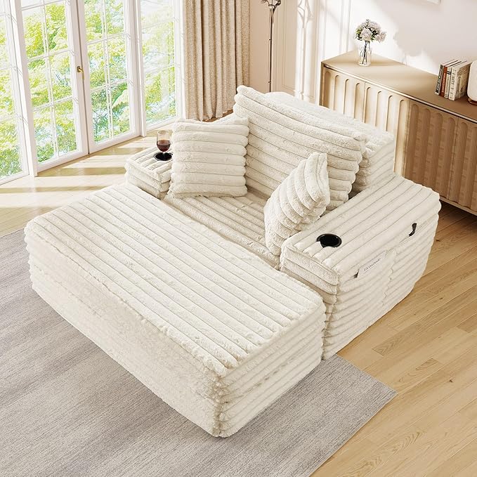 5-In-1 Oversized Chaise Lounge Chair Indoor with Ottoman54.5W Faux Fur Convertible Folding Sleeper Sofa Bed with Cup Holder&ampSide PocketComfy Boneless Couch Sofa Chair for Living RoomBedroom(Be