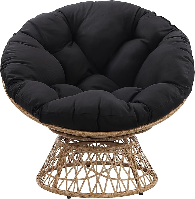 OSP Home Furnishings Wicker Papasan Chair with 360-Degree Swivel Natural Frame with Black Cushion