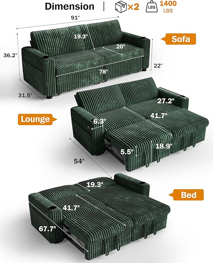 Sunny Heart 91 Plush Corduroy L Shaped Sectional Sleeper Sofa Bed with Pull Out Bed Reclining Backrest Reversible Storage Chaise USB Ports Cup Holders Tool Free AssemblyForest Green
