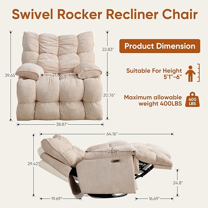 Oversized Swivel Power Rocker ReclinerElectric Recliner Chairs for AdultsExtra Wide Seat ReclinersUpholstered Nursery Reclining Glider ChairSwivel Chairs for Living RoomBeige