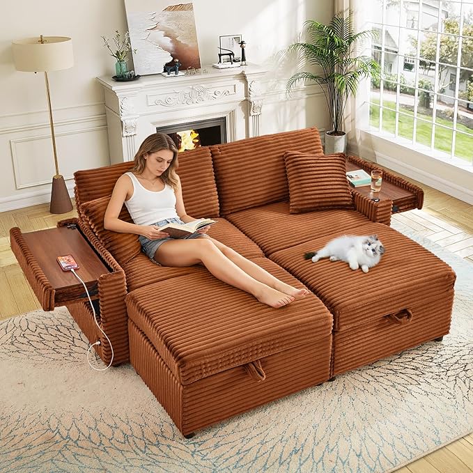 Chaise Lounge Chair Indoor 68 W Corduroy Loveseat Sectional Couch with Sorage Ottoman/Wing Table/Charge Ports/Cup Holder Modern Comfy Deep Seat Reading L-Shape Sofa for Living Room Orange