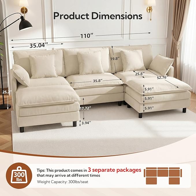 110 U-Shaped Modular Sectional Couch Modern Cloud Couch with Ottoman 5-Seat Chenille Sofa with Pillows Deep Seat Comfy Couch for Living Room Bedroom Beige