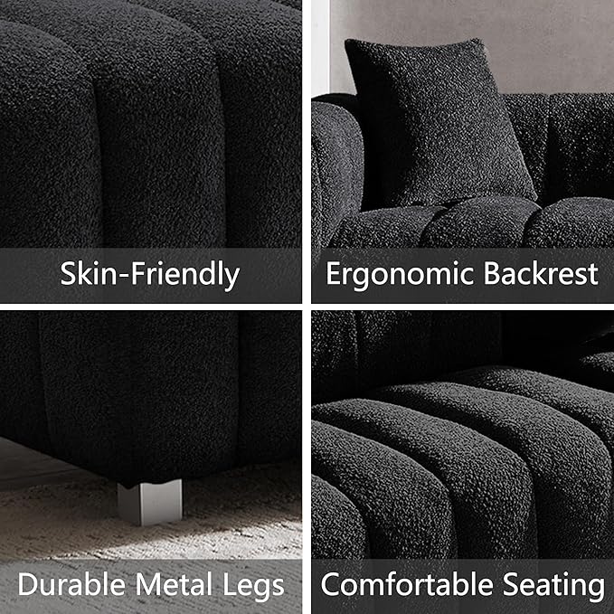 87.4 Modern 3 Seater Sofa Couch for Living Room Mid Century Fluffy Couches with Solid Wood Frame and 6 Legs for Bedroom Apartment Weight Capacity 750 LBS (Black)