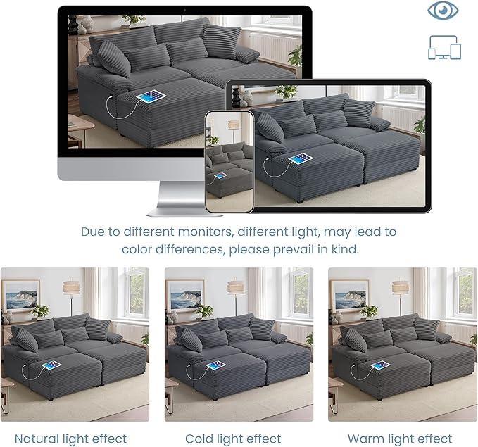 SUNWAVE 74 W Double Chaise Lounge Chair Indoor Oversized Loveseat with Storage Ottoman Corduroy Couch with USB Charging Removable Ottoman and Coffee Table Cushions for Living Room Bedroom