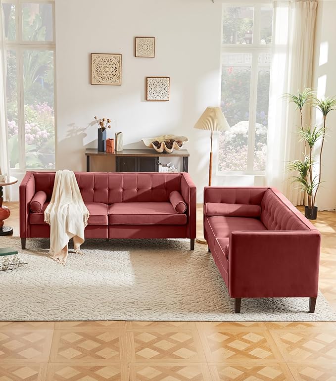 Kingfun Livingroom Furniture Sets Loveseat &amp 3 Seater Velvet Loveseat Couch Mid-Century Sofa Bolster Pillows Button Tufted Love Seats Toolless Assembly Pink