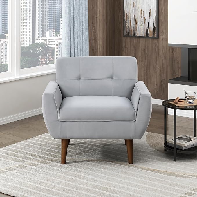 Lexicon Mid Century Modern Accent Chair with Dark Brown Solid Wood Leg Velvet Upholstered Living Room Chair Lounge Arm Chair Tufted Detail Single Sofa Chair Comfortable Reading Chair Gray