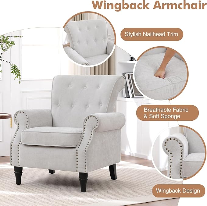 Wingback Accent Chairs Set of 2 for Living Room Comfy Upholstered Armchair with Removable Cushion Reading Chair with Nailhead Trim and Wood Legs Single Chair for Living (Light Grey)