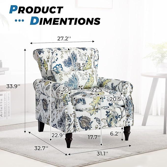 Floral Accent Chair with Lumbar Pillow Retro Wingback Armchair with Nailhead Trim &amp Rolled Arms Modern Linen Fabric Upholstered Recliner for Living Room Bedroom Reading Chair Easy Assembly