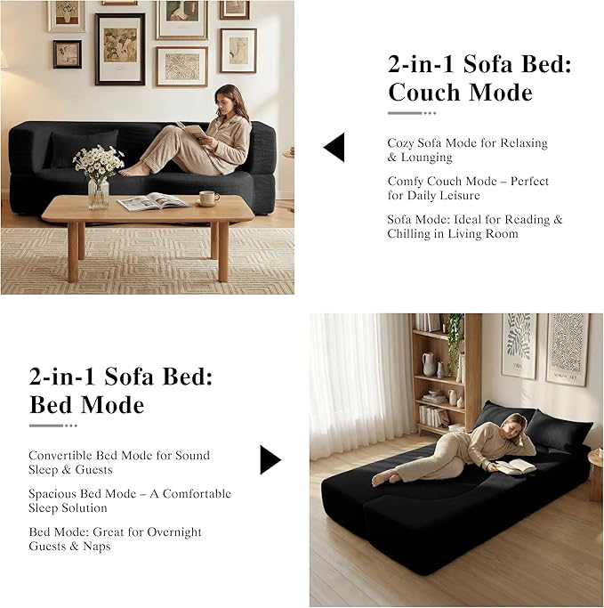 2-in-1 Folding Convertible Sofa Bed - 78 Inch Boneless Teddy Loveseat Sleeper Foldable Floor Futon Couch with Pillow Pull-Out Modular Matress for Small Spaces (Living Room/Bedroom/Dorm) (Black)