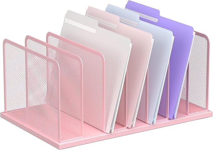 Kuntine.B Desk File Organizer Upright Mesh Desktop Organizer File Sorter Office Organization File Holder for Home Office &amp Classroom (Pink 1 Pack 7-Section)
